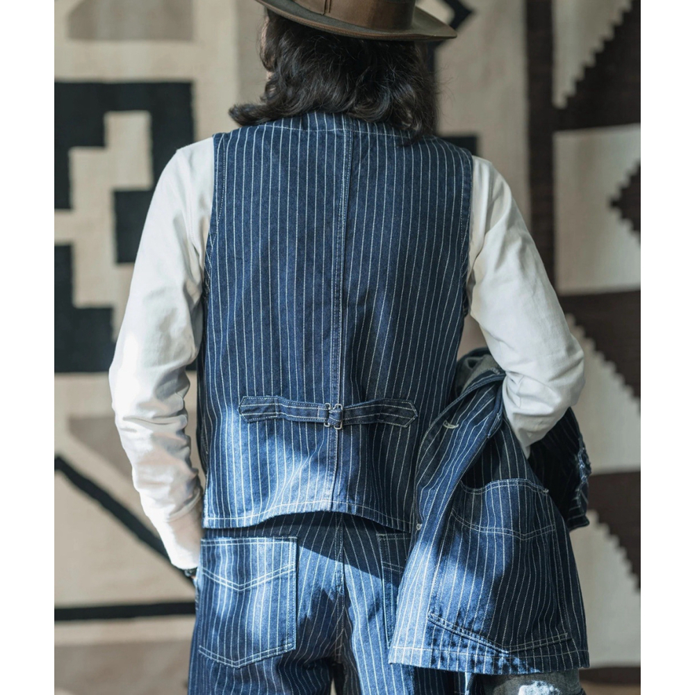 Non Stock Retro Amekaji Men's Wabash Stripe Vest Railroad Work Denim Waistcoats - Picture 3 of 16